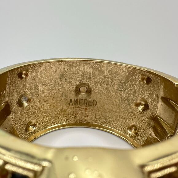 Amedeo 14k gold plated black enamel genuine carved shell cameo bangle bracelet - Picture 5 of 9